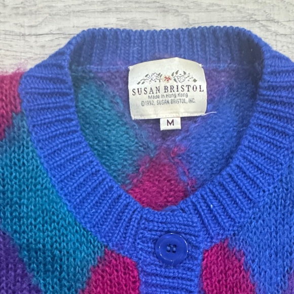 90s Vintage Wool Argyle Cardigan Sweater - Blue, Purple, Pink Preppy Grandpa - Picture 2 of 6